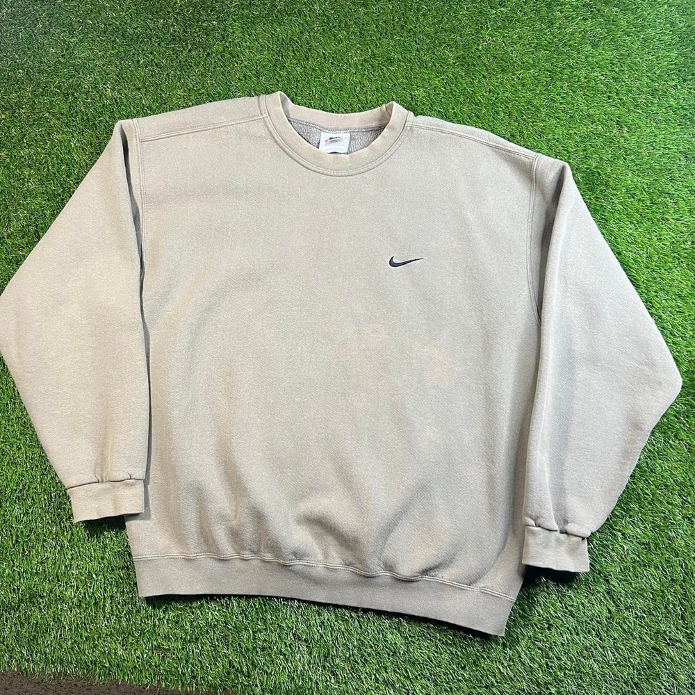 Vintage Nike 90s Made in USA Tan Beige Mini Swoosh Crewneck Sweatshirt Large